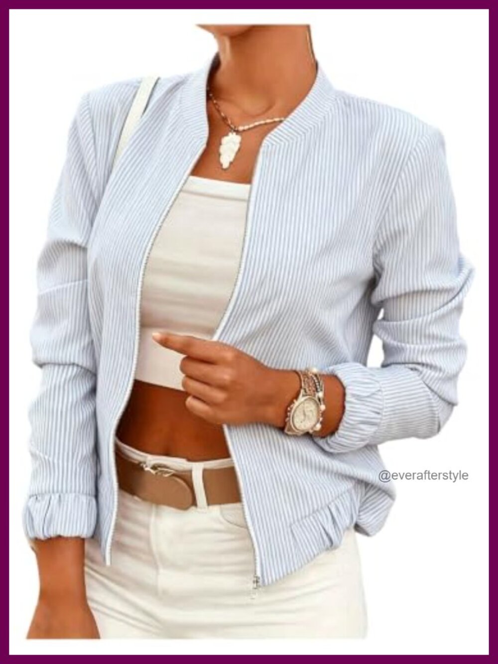 Women's Striped Zip Up Long Sleeve Lightweight Bomber Jacket Casual Fall